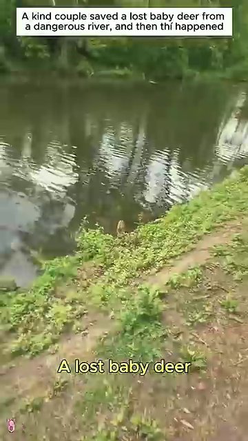 A small fawn stands alone on the riverbank, looking lost and uncertain.