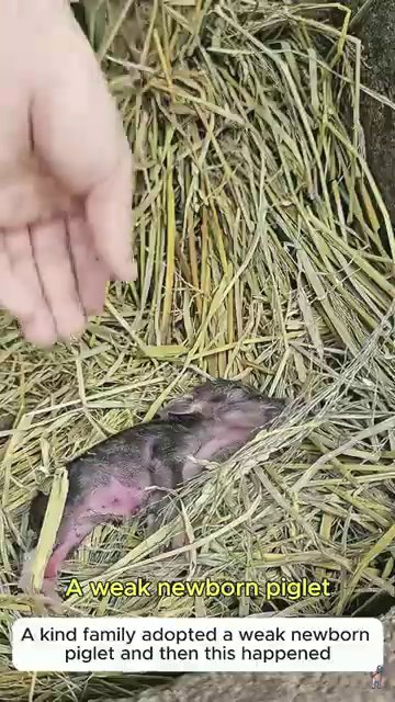 A fragile newborn piglet lies on a bed of straw, barely moving in its first hours of life.