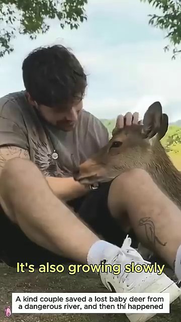 The fully recovered deer rests calmly beside its rescuer, a picture of trust and healing.